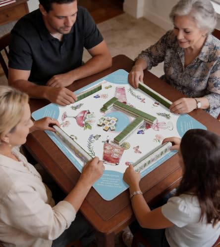 Puresora Travel Mahjong Mat Table with Rules Mah Jong Mat Neoprene Chinoiserie Floral Majong Learning Mat Instructions Mahjong Gifts Women Unique Non-Slip Rubber Pad, 21" x 21", Cocktail - Image 7
