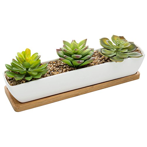 Mygift Potted Artificial Succulent Plants And Rock Fillers - Fake Plant Indoor Decor In 11-Inch Ceramic Planter With Bamboo Tray #TOP3