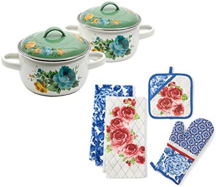 The Pioneer Woman 1-Quart Mini Dutch Ovens, Set of 2, Shadow Rose Mint bundle with The Pioneer Woman Heritage Floral Kitchen Towel, Oven Mitt, and Pot Holder, Set of 4