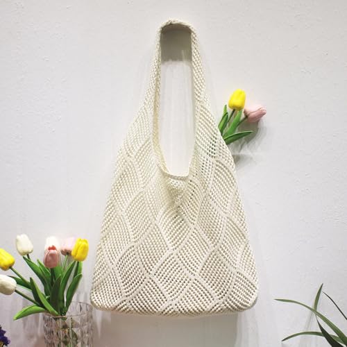 Knit Mesh Beach Bag, Crochet Tote Bag Summer Vacation Boho Tote Bag for Women
