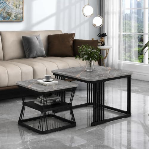 Image of Brown Art Shoppee Set of 2 Modern Coffee Tables with Marble Finish Top, Metal Frame, Nesting Center Table & End Table for Living Room Home Decor (Black & Grey)