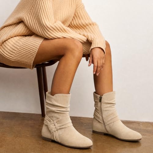 Image of Vepose Women's Slouch Ankle Boots, Flat Low Heel Side Zip Booties 939A