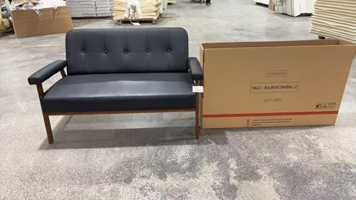 Image of STHOUYN 50 inchW Black Faux Leather Office Couches Loveseat Sofa with Wood Arms, Mid Century Modern Love Seat Sofas Couch Lounge Armchair Living Room