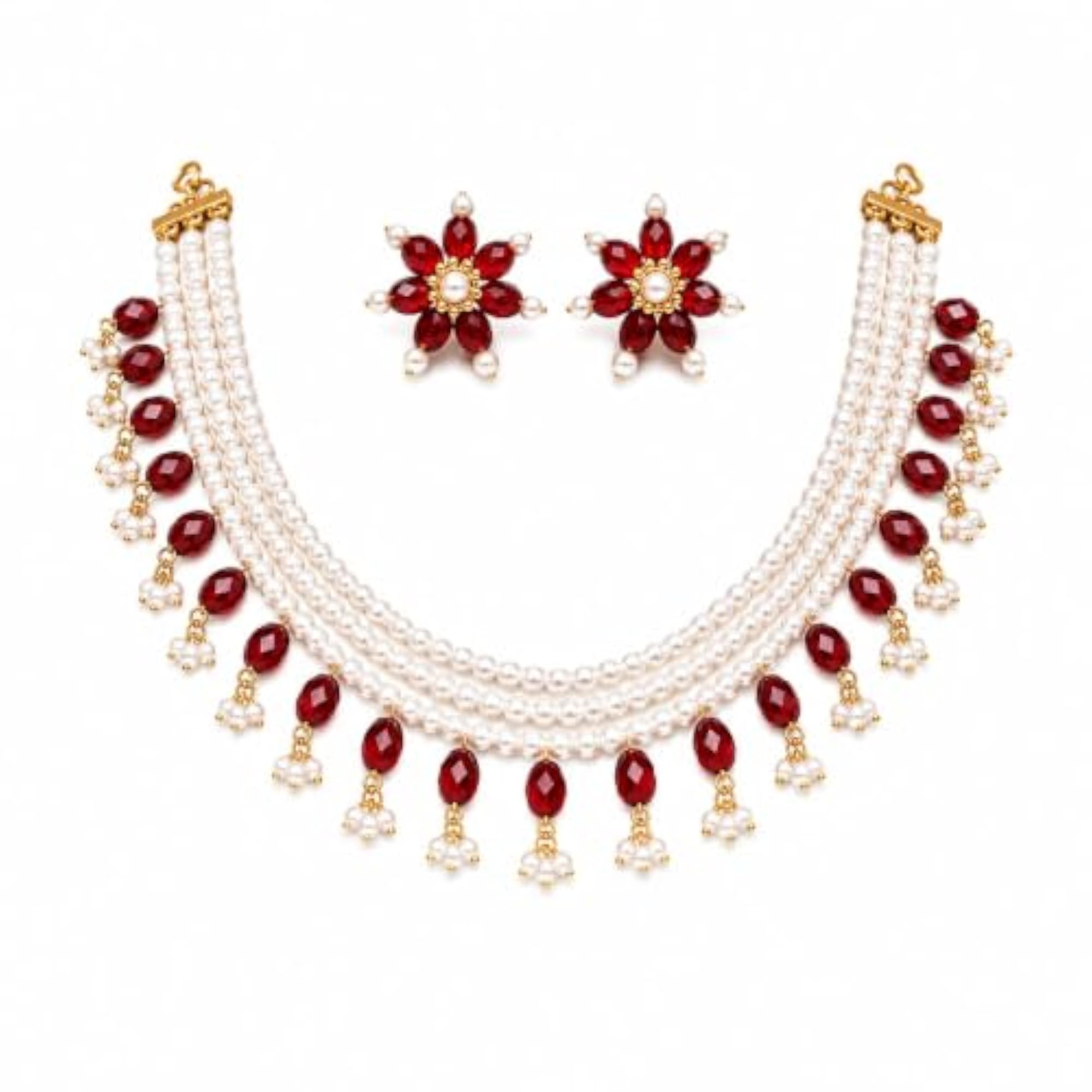 Multilayer Pearl & Red Crystal Necklace Set with Earrings