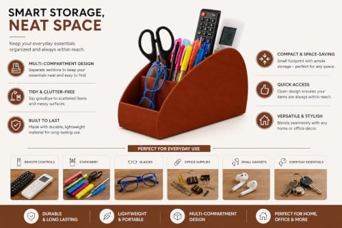 Image of Gaura Labs Remote Control Holder, Durable Storage Caddy for TV /AC Remotes, Reading Glasses & Office Supplies, Space-Saving Organizer for Nightstand, Office Desk, Living Room (Brown)