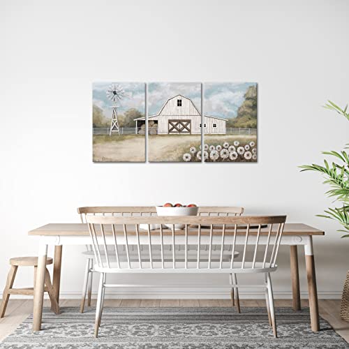 Atgowac Farmhouse Decor Barn Pictures Country Farmhouse Landscape Wall Decor Rustic White Barn Framed Canvas Wall Art Ready To Hang (16Inchx24Inchx3Panels) #TOP2