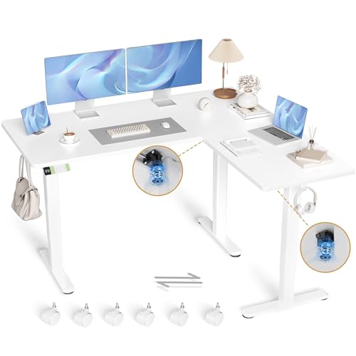 Claiks Eckschreibtisch Höhenverstellbar 160x140cm mit Dual-Motor, L Form Höhenverstellbarer Schreibtisch auf Rollen, L-förmiger Schreibtisch Weiß