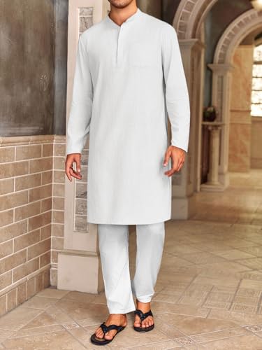 Gafeng Mens Kaftan Robe Button Down Long Sleeve Henley Cotton Thobe Casual Side Split Gown Shirt3