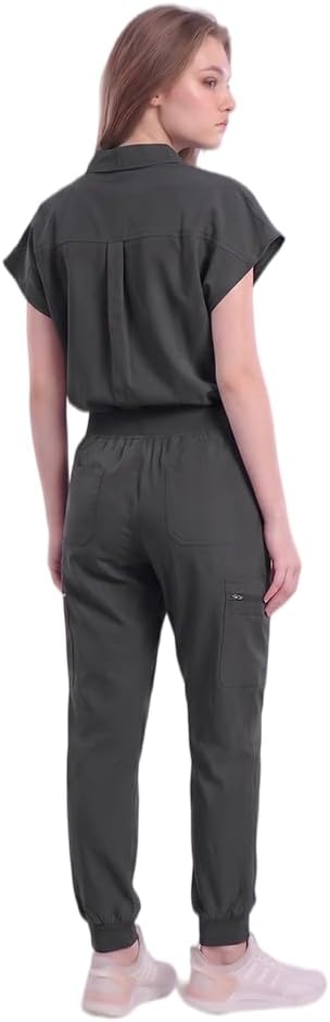 Women Stretch Scrubs Set, Sleeveless High Waist Top & Jogger Pants with 11 Multi-Pockets, Uniform for Nurses