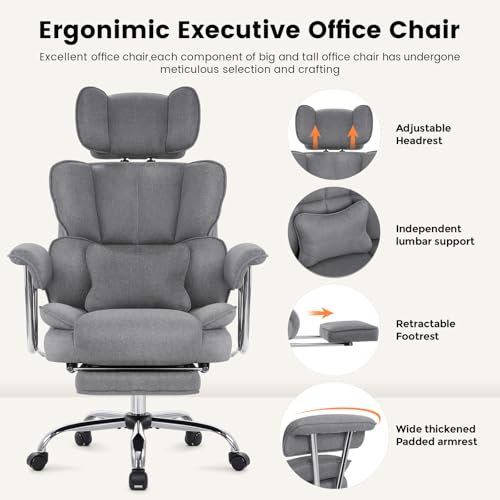 IWMH Executive Office Chair with Footrest, Big and Tall Ergonomic Desk Chair, Heavy Duty Computer Chairs 200KG with Adjustable Headrest, Armrests, Lumbar Support, High Back (Grey) - Image 6