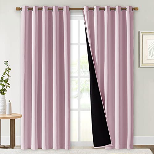 Image of NICETOWN 100% Blackout Window Curtain Panels, Baby Pink, 2 PCs, 62 inch Wide Each Panel, Cold and Full Light Blocking Drapes with Black Liner for Nursery, 84 inches Drop Thermal Insulated Draperies