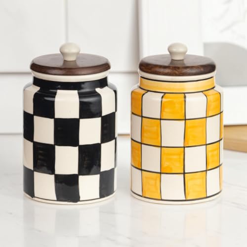 Image of Airtight Ceramic Jar with Wooden Lid (Pack of 2) - 1000ml Each - Kitchen Storage Containers for Sugar, Tea, Salt, Pickles, Pulses & More (Yellow & Black)