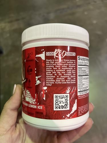 Image of 5% Nutrition Code Red Series Pre Workout Powder for Men & Women | Energy, Power, Protein Synthesis & Focus | 300mg Caffeine, L-Citrulline, Glycerol, Taurine, Alpha GPC, Huperzine (Italian Lemon Ice)