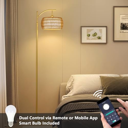 Image of eyassi Arc Floor Lamp with 3 Color Temperatures, LED Gold Floor Lamp with Remote & Stepless Dimmable Bulb, Boho Standing Lamp with Rattan & Fabric Shades, Farmhouse Tall Lamp for Living Room Bedroom