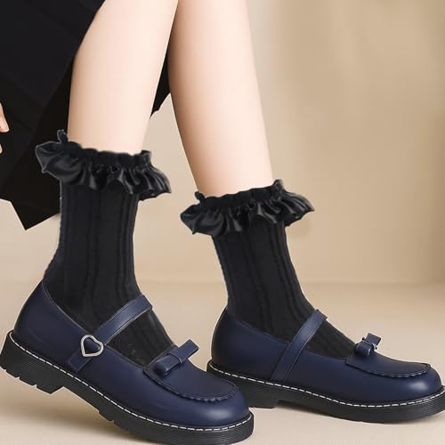 4 Pairs Women Ruffle Socks, White and black Lace Ankle Socks Ruffle Frilly Dress Sock Ruffles Frilly Comfortable Cotton Lace Ruffled Bootie Sock for Girl (Size 36-39）4