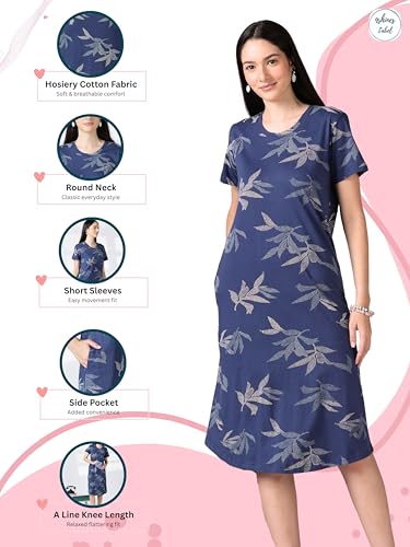 Image of 9shines Label Hosiery Cotton Knee Length Short Night Dress | Short Nighty for Women with Pocket | Graphic Print Nightwear | Night Gown for Women (M-7XL)