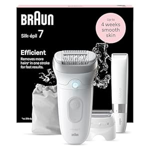 Braun Silk-épil 7, Epilierer Damen, Haarentferner für langanhaltende Haarentfernung, Mini-Rasierer für den Körper, Ladyshaver, Rasieraufsatz und Trimmeraufsatz, 7-441, Weiß und Silber