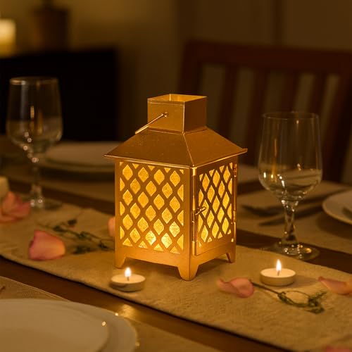 Image of MARKET 99 Metal & Glass Lantern Candle Holder with Yellow Glass | Decorative Hanging & Tabletop Lantern for Diwali, Christmas, Weddings & Festive Home Decor | Golden & Yellow Finish