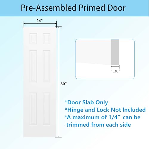 Image of JUBEST 24 inchx80 inch Raised 6-Panel Textured White Primed Hollow Core Interior Molded Door Slab, NOT Pre-drilled and NOT Included Hardware, Paintable Interior Door for Pantry, Laundry, Office