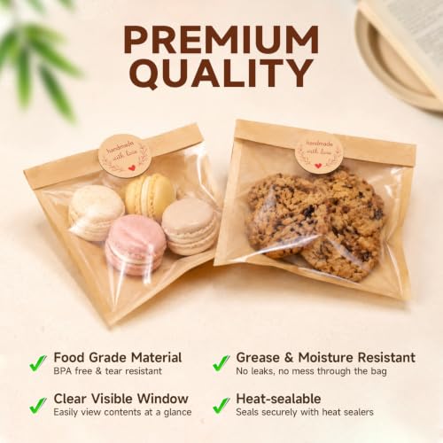 100Pcs Cookie Bags with Seal, 7.1x7.5" Large Heat-Sealable Cookie Bags with Window, Grease Resistant individual Kraft Paper Bags with Thank You Stickers for Bakery & Gifts Packing — view 3