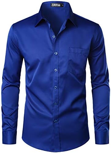 ZEROYAA Men's Urban Stylish Casual Business Slim Fit Long Sleeve Button Up Dress Shirt with Pocket ZLCL29 Royal Large