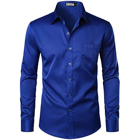 ZEROYAA Men's Urban Stylish Casual Business Slim Fit Long Sleeve Button Up Dress Shirt with Pocket ZLCL29 Royal Large Cover