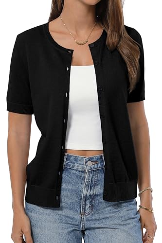 QUALFORT Womens Short Sleeve Cotton Cardigan Black Large