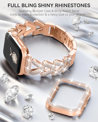 Image of Rhinestones Encrusted Metal Bracelet and Case, Compatible with Apple Watch Bands 38mm-49mm (Series 11 /1 /SE /Ultra 2)- Bling Gold Women's Jewelry Strap, Luxury iWatch Bracelet with Screen Protector