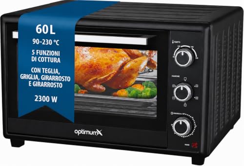 OptimumX Forno Elettrico 60L XXL Ventilato, 2200W, Girarrosto, Luce Interna, Termostato 40–230°C, Nero