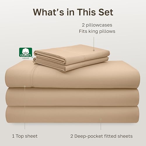Image of California Design Den 100% Cotton Split King Sheets, 600 Thread Count Sateen, Soft, Cooling Cotton Sheets, Hotel-Quality Bedding Sheets & Pillowcases (Golden Tan)