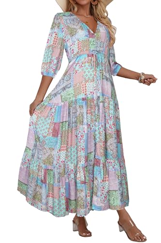 Image of Women Short Sleeve V Neck Floral Print Casual Bohemian Maxi Dresses