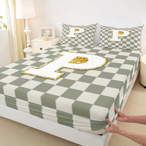 Image of Erosebridal Sage Green Checkered Sheet Set Queen Plaid Initial P Bed Sheets Personalized Monogram Bedding for Kids Boys Girls,Fashion Grids Gingham Bed Sheets Set 4 Piece