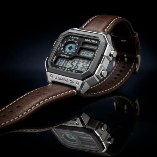Image of Matrix Illuminator Leather Strap Digital Watch with Alarm, Stopwatch, World Time | for Men & Women