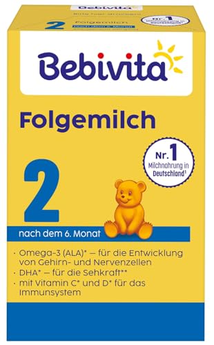 Bebivita 2 Folgemilch (4 x 500g), nach dem 6. Monat, mit Vitamin C und D, Omega-3 (DHA), altersgerecht sättigend