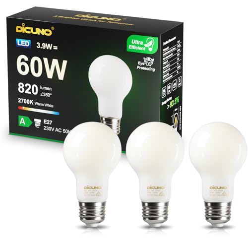 DiCUNO Bombilla LED Ultra Eficiente E27 3.9W, equivalente 60W, Clase de energía A, Blanco cálido 2700K, 820lm, Lámparas LED filamento Edison, A60 de bajo consumo, No Regulable, Vidrio, 3 Piezas