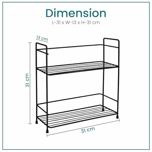 Image of Go Hooked 2 Tier Metal Storage Rack Organizer 31cm | Multipurpose Countertop Shelf for Home, Bathroom & Utility Storage | Black Wire Spice Rack for Jars, Bottles & Essentials