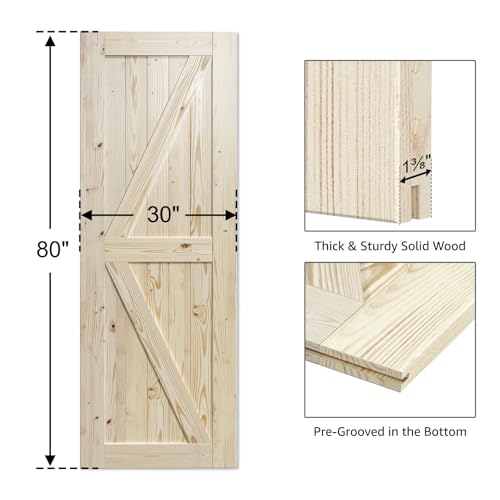 Image of SmartStandard 30in x 80in Sliding Barn Wood Door Pre-Drilled Ready to Assemble, DIY Unfinished Solid Spruce Wood Panelled Slab, Interior Single Door Only, Natural, K-Frame (Fit 5FT Rail)