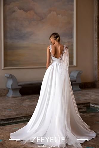 Zeeyecie Ruffle Satin Wedding Dresses 2025 A-Line Crew Neck Lace Applique Sequins Beads Sparkly Bridal Gown with Pockets3