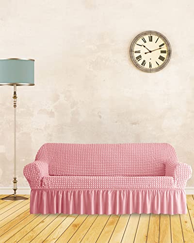 Bluesurge Sofa Slipcover 1 Piece For 3 Cushion Couch Cover With Skirt, Durable Washable High Elastic Stretchable, Easy Fit Universal Furniture Protector (3 Seater, Pink) #TOP5