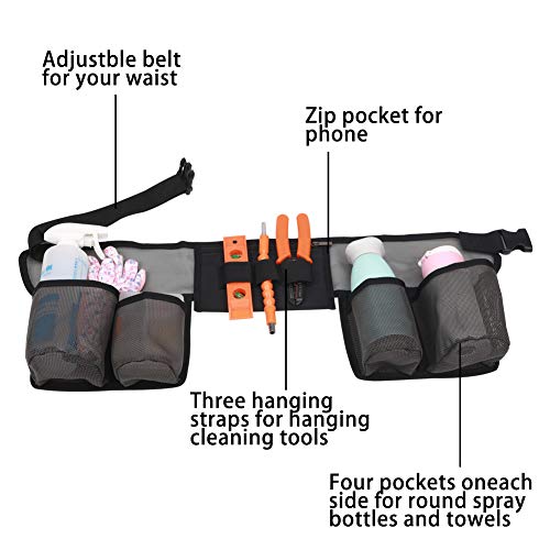 Cleaning Tool Belt with 4 Pockets and 3 Elastic Slots, Nylon Mesh Adjustable Tool Belt Pouch for House Cleaning, Tool Pouch with Waist Belt Suitable for Gardener, Cleaner.