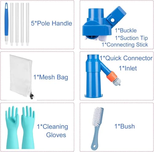 GEDEGOOK Poolsauger Staubsauger, Pool Reinigung Bodensauger mit 5-Teiligen Stangen, Schwimmbad Teich Jet Vakuumkopf mit Laubsack für Reinigung Sauger Pool Boden Mini-Reiniger für Brunnen