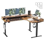 FEZIBO Single Motor 160 * 120 cm L Shaped Standing Desk with 3 Drawers, Electric Standing Gaming Desk Adjustable Height, Corner Stand up Desk with Splice Board, Black Frame/Rustic Brown Top