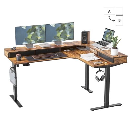 Image of FEZIBO L-Shaped Electric Standing Desk, 63 x 48 Inches Height Adjustable, Reversible Tabletop, Corner Desk with Drawers, Ergonomic Computer Table, Rustic Brown Top