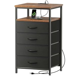 Huuger Night Stand with Charging Station, 4 Drawer Dresser for Bedroom, Bedside Table, 33.9 Inch Tall Nightstand with Open Shelf, End Table, for Closet, Entryway, Bedroom, Rustic Brown and Black