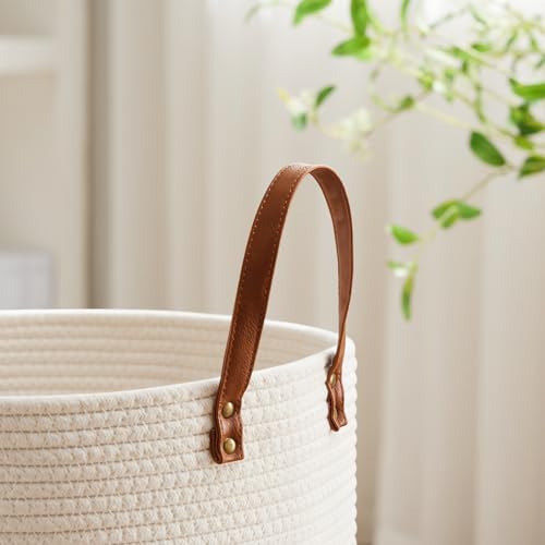 Image of VIPOSCO 53L Tall Woven Rope Laundry Hamper, Leather Handles, White & Brown