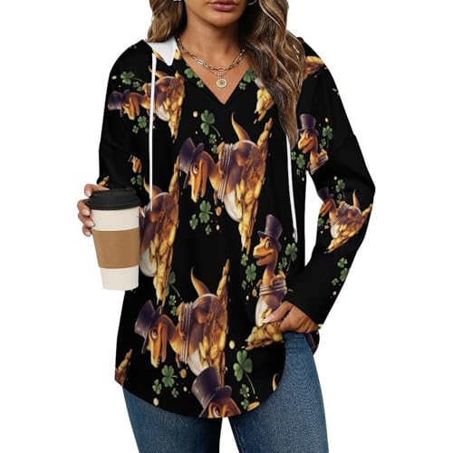 St-Patricks Day Dinosaur Hoodies for Women V Neck Pullover Sweatshirts Long Sleeve Shirts Fashion Tops