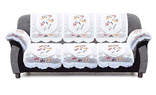 Image of Kuber Industries Flower Design Cotton 5 Seater Sofa Cover with 6 Pieces Arms Cover and 1 Center Table Cover Use Both Side, Living Room, Drawing Room, Bedroom, Guest Room (Set f 17, Cream)