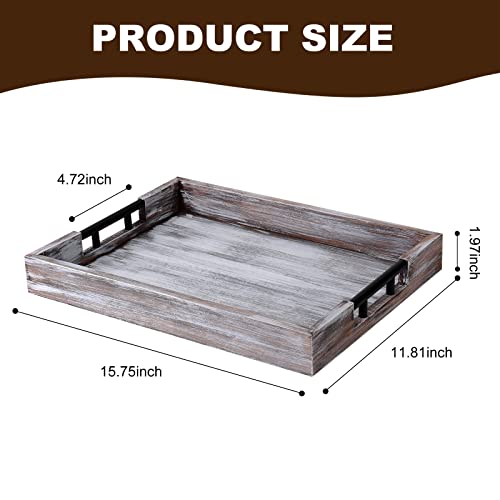 Rustic Serving Tray with Metal Handles,Farmhouse Wooden Tray for Coffee Table,White Decorative Ottoman Tray for Home Decor,Breakfast Board Tray in Bedroom Living Room - Thumbnail 5