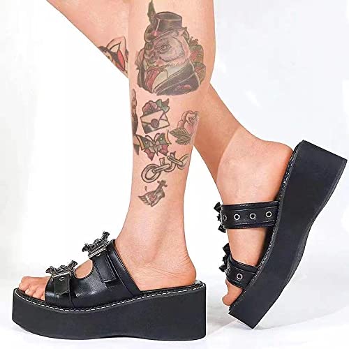 Gothniero women black platform sandals goth chunky wedge heel summer sandals girls gothic punk platform sandals for women metallic spider buckles slides size 5.5-113
