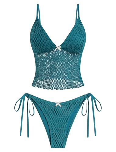 ZAFUL Women's Lace Jacquard Tankini Swimsuit with Tummy Control & Bowknot Decor